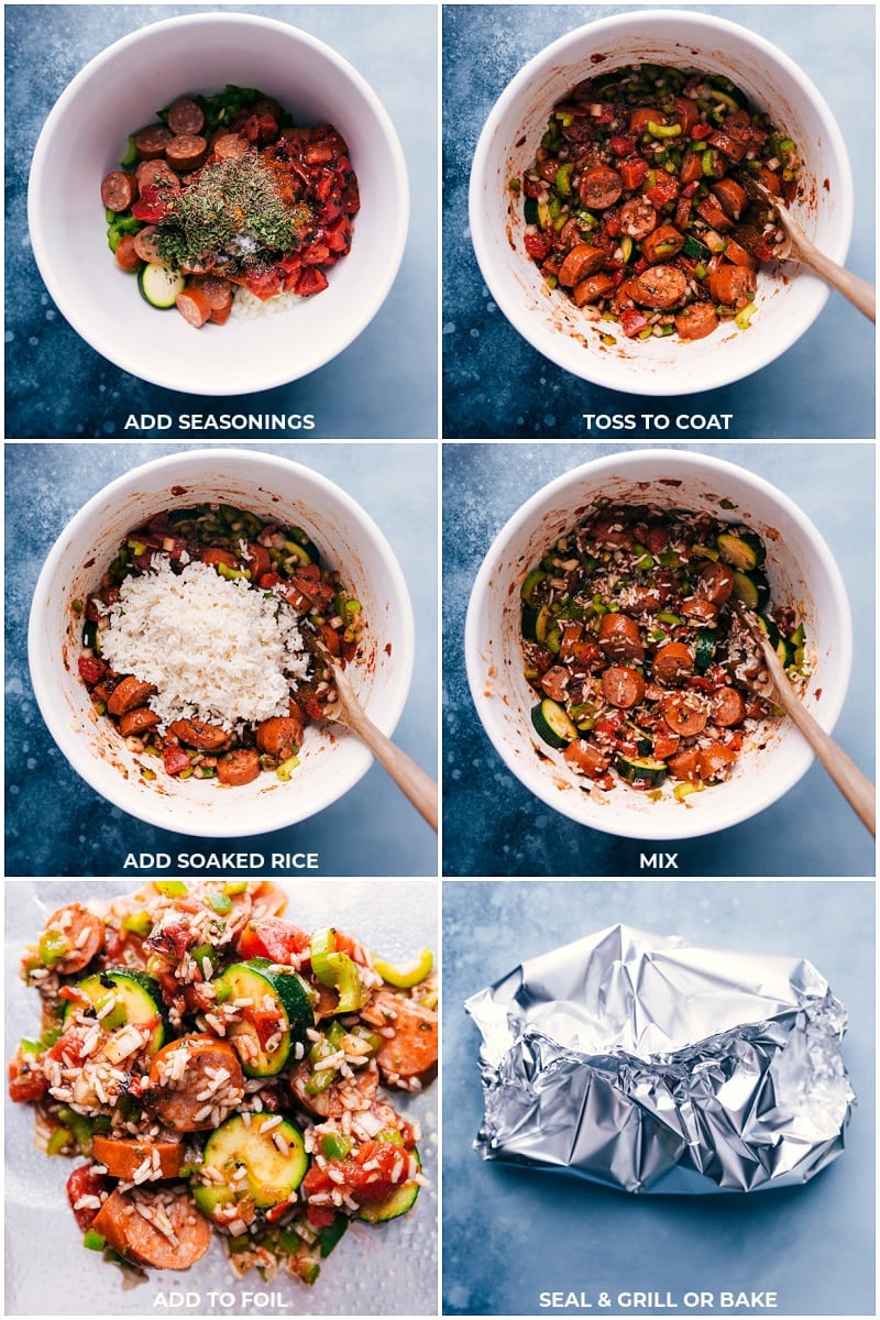 Tin Foil Jambalaya combines Cajun andouille sausage, veggies, uncooked rice, and a delicious spice mixture. Recipe via ChelseasMessyApron #dinner #campfire #campingfood #grilled #oven #best #quick #easy #simple #sausage #rice #tinfoil #jambalaya Process shots: combing the remaining ingredients and sealing in foil
