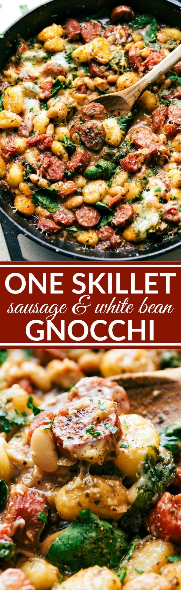 Only ONE skillet needed for a delicious 30 minute dinner recipe. Garlic, onion,ย sausage, white beans, gnocchi, tomatoes, and spinach plus spices and cheese mix together to make an incredible dinner in thirty minutes. Recipe via chelseasmessyapron.com