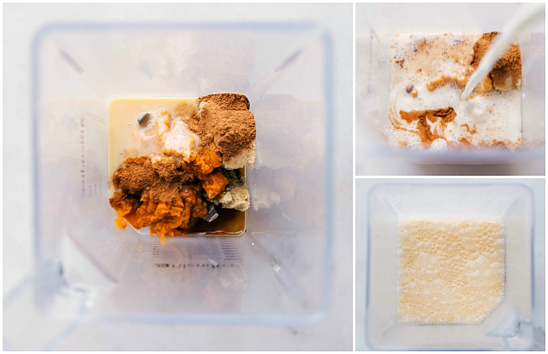 Blending Together Ingredients for Pumpkin Spice Latte Steamer The ingredients for a pumpkin spice latte steamer being combined in a blender.