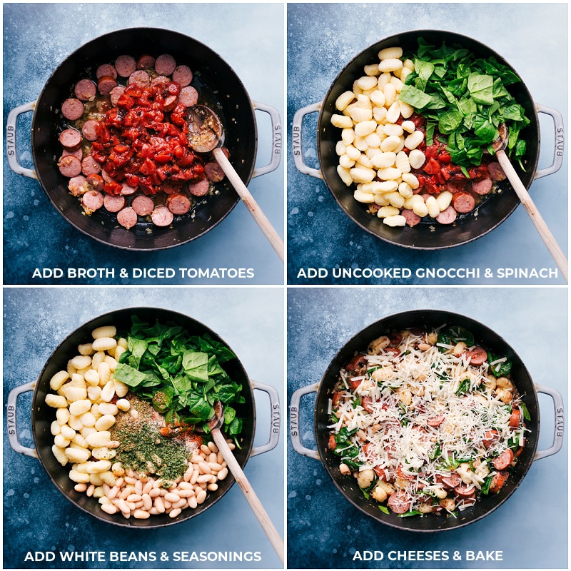 This White Bean Gnocchi combines aromatics, smoked sausage, savory white beans, tender gnocchi, fire-roasted tomatoes, and baby spinach for an explosion of flavor and textures! This nutritious and hearty meal can be prepared in less than 30 minutes and is made in one skillet! Recipe via chelseasmessyapron #dinner #comfort #comfortfood #best #delicious #easy #simple #onepan #whitebean #gnocchi Process shots-- adding ingredients to the pan