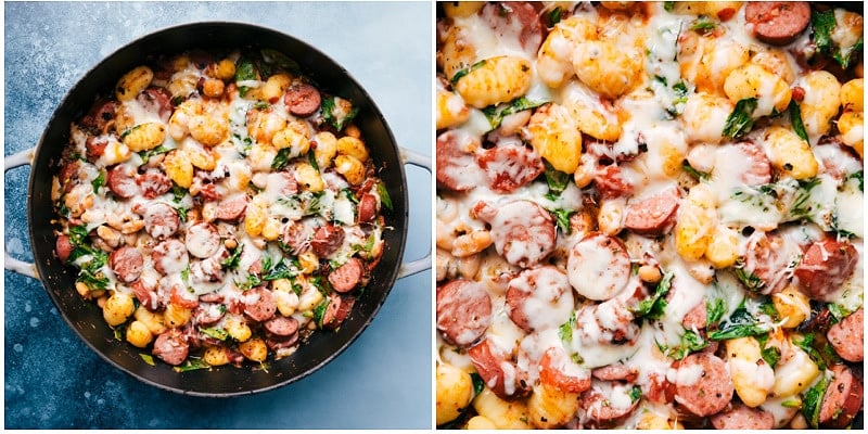 This White Bean Gnocchi combines aromatics, smoked sausage, savory white beans, tender gnocchi, fire-roasted tomatoes, and baby spinach for an explosion of flavor and textures! This nutritious and hearty meal can be prepared in less than 30 minutes and is made in one skillet! Recipe via chelseasmessyapron #dinner #comfort #comfortfood #best #delicious #easy #simple #onepan #whitebean #gnocchi White Bean Gnocchi