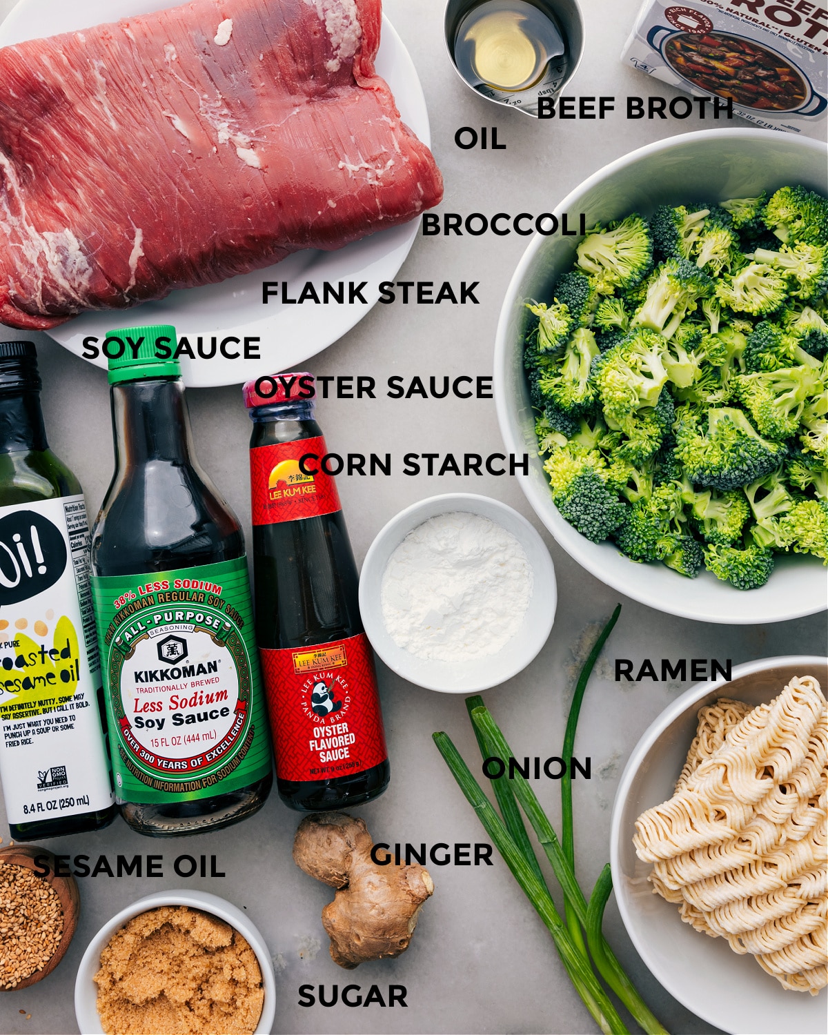 Ingredients In Beef And Broccoli Ramen Prepped Out All the ingredients for this recipe are prepped and ready for easy assembly, including the meat, broccoli, steak, cornstarch, sauces, and noodles.