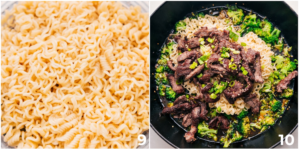 Combining Everything For This Beef And Broccoli Ramen Recipe The noodles being tossed in with the sauce, meat, and veggies.