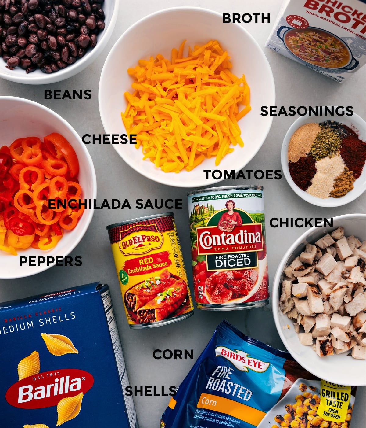 Ingredients In Enchilada Pasta All the ingredients in this dish prepped out for easy assembly.