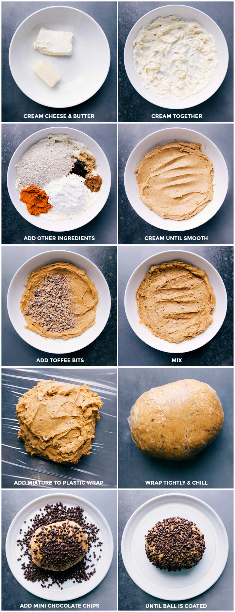 Preparing Pumpkin Cheesecake Ball with Chocolate Chips Coating Creaming together cream cheese and butter, adding various ingredients, mixing in toffee bits, chilling the mixture, and finally rolling the chilled cheese ball in chocolate chips to create a delightful dessert.