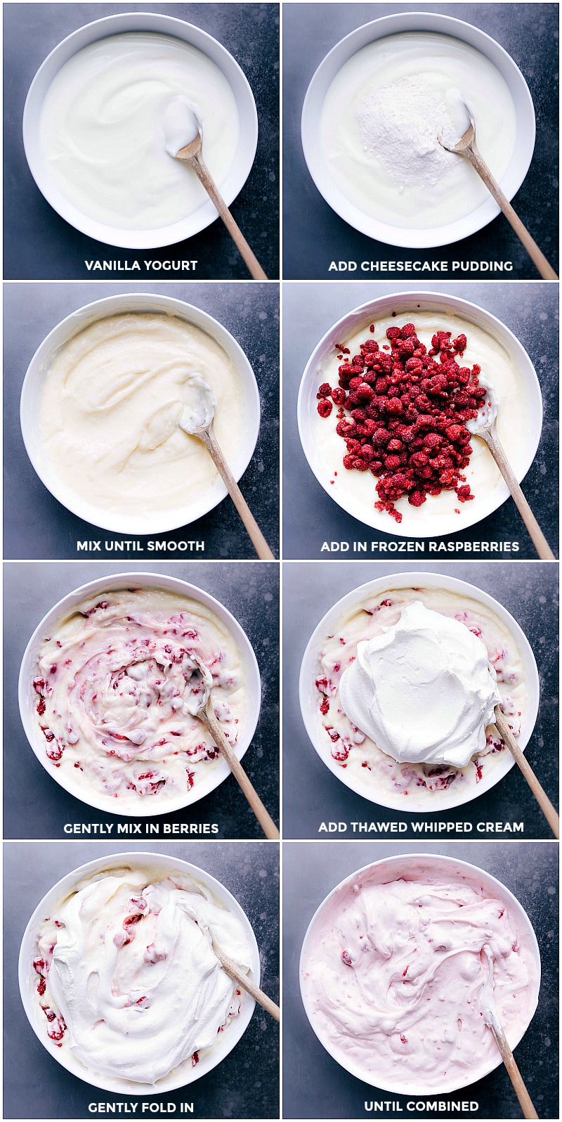 The best ever Raspberry Fluff is a simple dessert salad made with only four ingredients with only about ten minutes of prep time! Recipe via chelseasmessyapron #salad #saladcoolwhip #dessert #coolwhip #saladrecipes #withyogurt #recipes #thanksgiving #christmas #easter #raspberry #fluff Process shots: Stir together the vanilla yogurt and the dry pudding mix; add in frozen raspberries and thawed whipped topping. Fold gently.