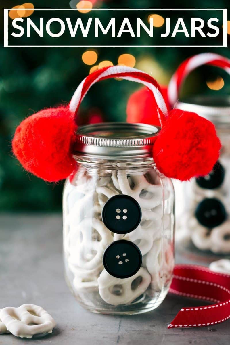 White Chocolate Pretzel Snowman Jars Snowman jars with white chocolate pretzels and a cute pip cleaner and pom pom ear muffs.