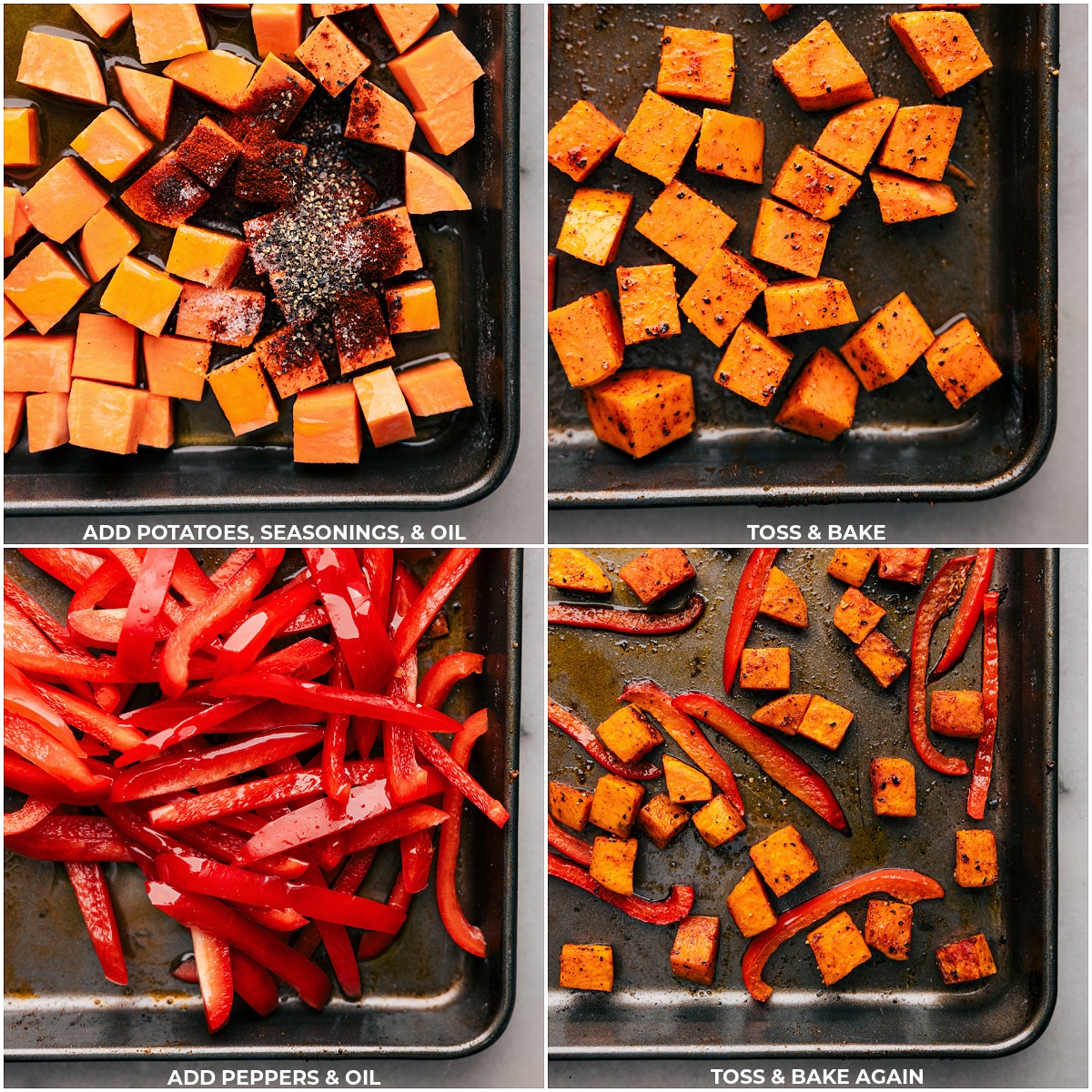 Roasted sweet potatoes and peppers with savory seasonings Sweet potatoes and bell peppers seasoned with spices and drizzled with oil, roasting in the oven.