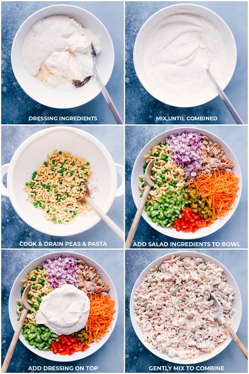This Tuna Macaroni Salad made with tender elbow macaroni noodles, olive-oil packed tuna, lots of veggies, and a creamy dressing with a "secret ingredient" will blow you away with the flavor! Process shots of making Tuna Macaroni Salad.