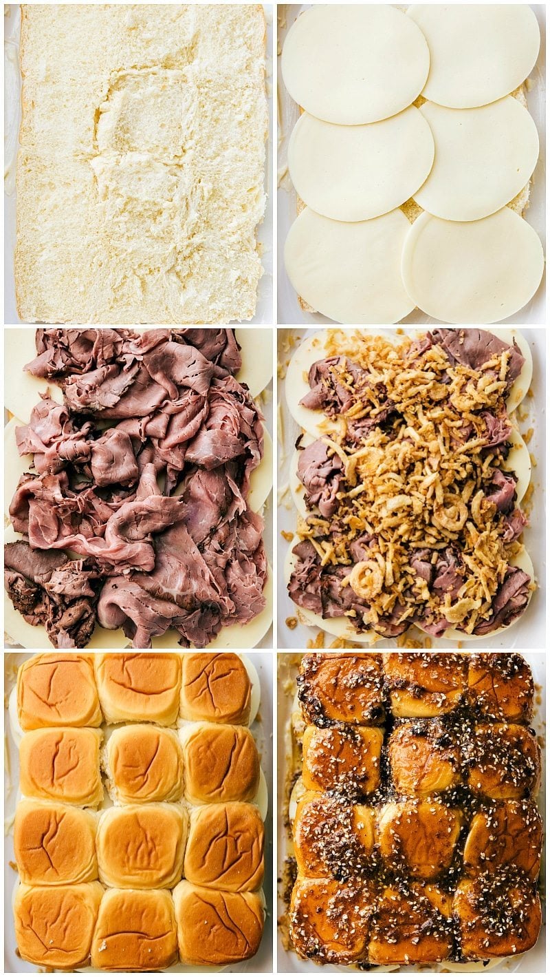 Enjoy French Dip Sliders Provolone, roast beef, crispy onions, all being layered on rolls and topped with another layer of rolls and butter.