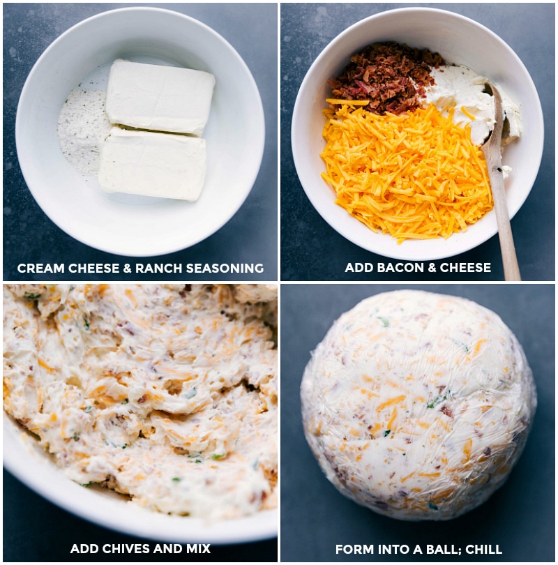 Making a Delicious Cheese Ball: Mixing, Adding Ingredients, and Chilling Mixing cream cheese and ranch seasoning together, adding bacon, cheese, and chives, mixing them together, forming the mixture into a ball, and wrapping it in plastic to chill, one of the final steps in the cheese ball recipe.