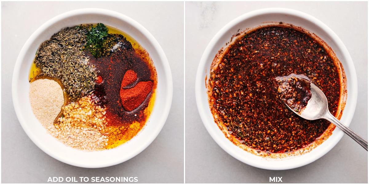 Mixing Seasonings with Oil in a Bowl for a Recipe Seasonings being added to oil in a bowl, mixed together for the recipe.