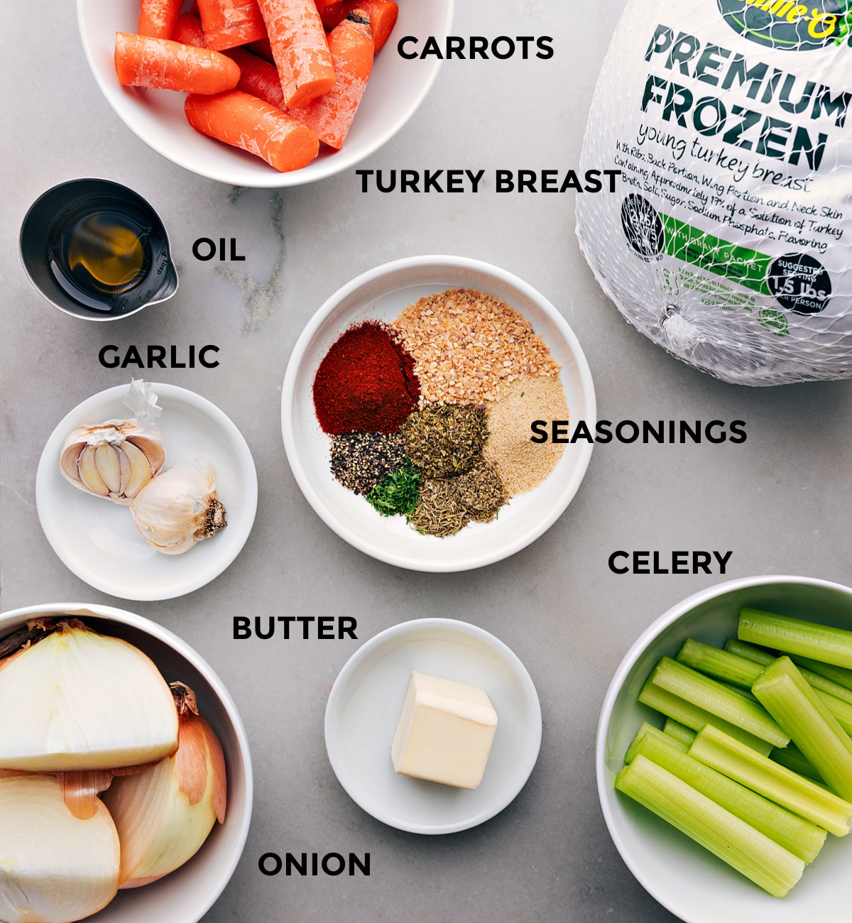 Ingredients for Crockpot Turkey Breast Recipe: Butter, Onions, Seasonings, Carrots, and More Ingredients for this recipe, including butter, onions, various seasonings, carrots, and additional items.