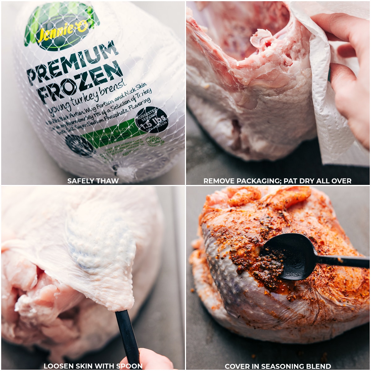 Preparing Turkey: Thawing, Patting Dry, Loosening Skin, and Seasoning Thawed turkey being removed from packaging, patted dry, with skin loosened and covered in a seasoning blend.