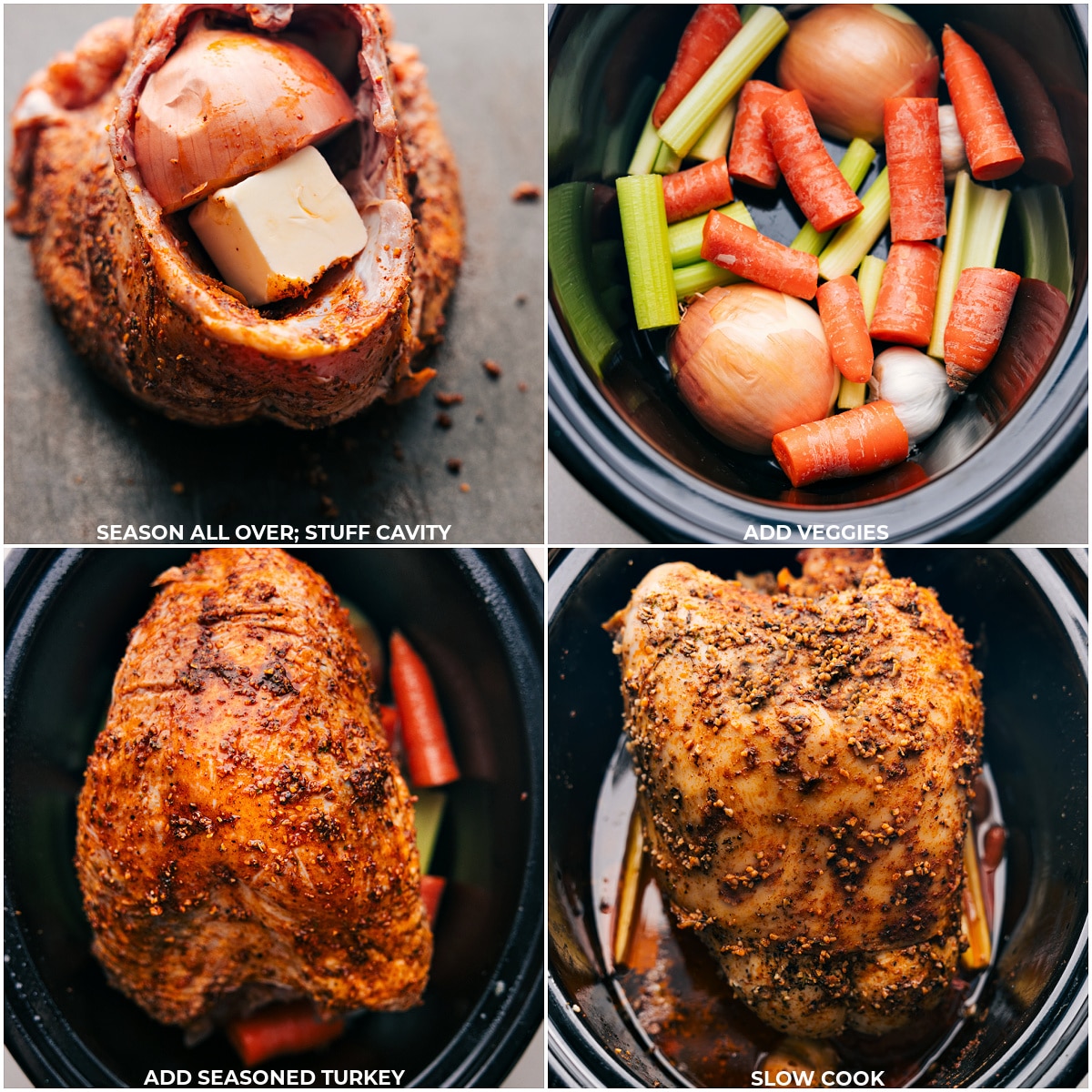 Seasoning and Stuffing Turkey, Adding Veggies to Crockpot, and Slow Cooking Seasoning the turkey all over, stuffing the cavity, adding vegetables to a crockpot, and placing the turkey on top for slow cooking the delicious turkey breast in crockpot.