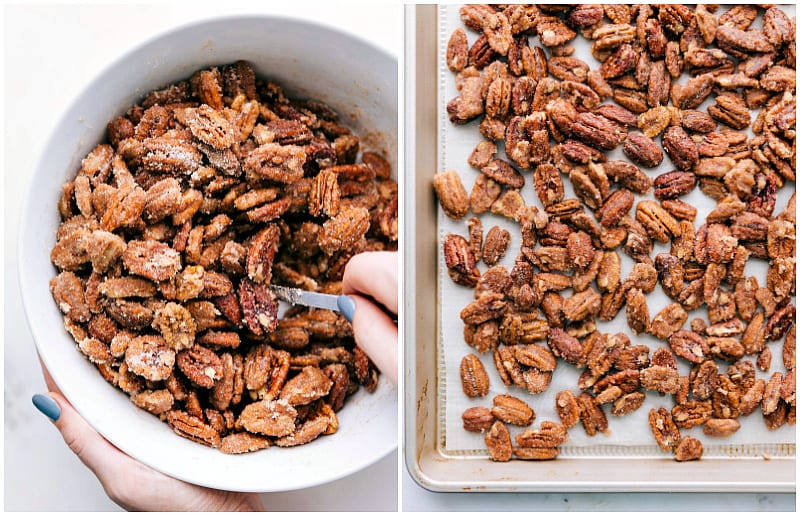 Baking Pecans To Get That Crisp And Delicious Texture The nuts tossed together with the sugar and spread on a sheet pan to bake.