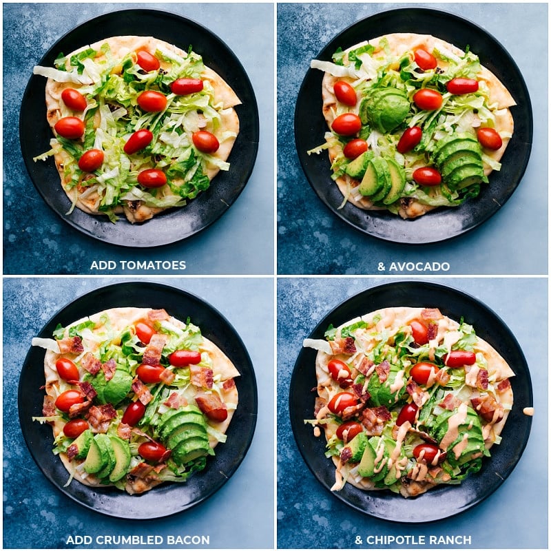 This Chipotle Chicken Flatbread starts with soft, warmed naan with melty pepper-jack cheese and rotisserie chicken. Once out of the oven, we top it with some iceberg lettuce, cherry tomatoes, and ripe, creamy avocados. A sprinkling of crispy bacon and drizzle of the most addicting chipotl- ranch dressing and you're in dinner heaven! Recipe via chelseasmessyapron #dinner #quick #easy #simple #best #oven #sauce #chipotle #chicken #flatbread Process shots-- images of the toppings added to the pizza