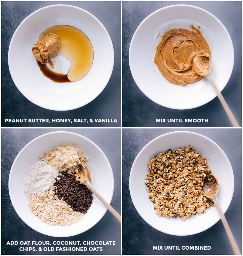 Easy, protein-packed, granola balls -- these Energy Bites make the perfect snack or breakfast on-the-go. Recipe via ChelseasMessyApron.com #granola #oats #energybites #chocolate #protein #energy Process shots: Combine peanut butter, honey, salt and vanilla; mix until smooth. add oat flour, coconut, oat flour and chocolate chips; mix well again.