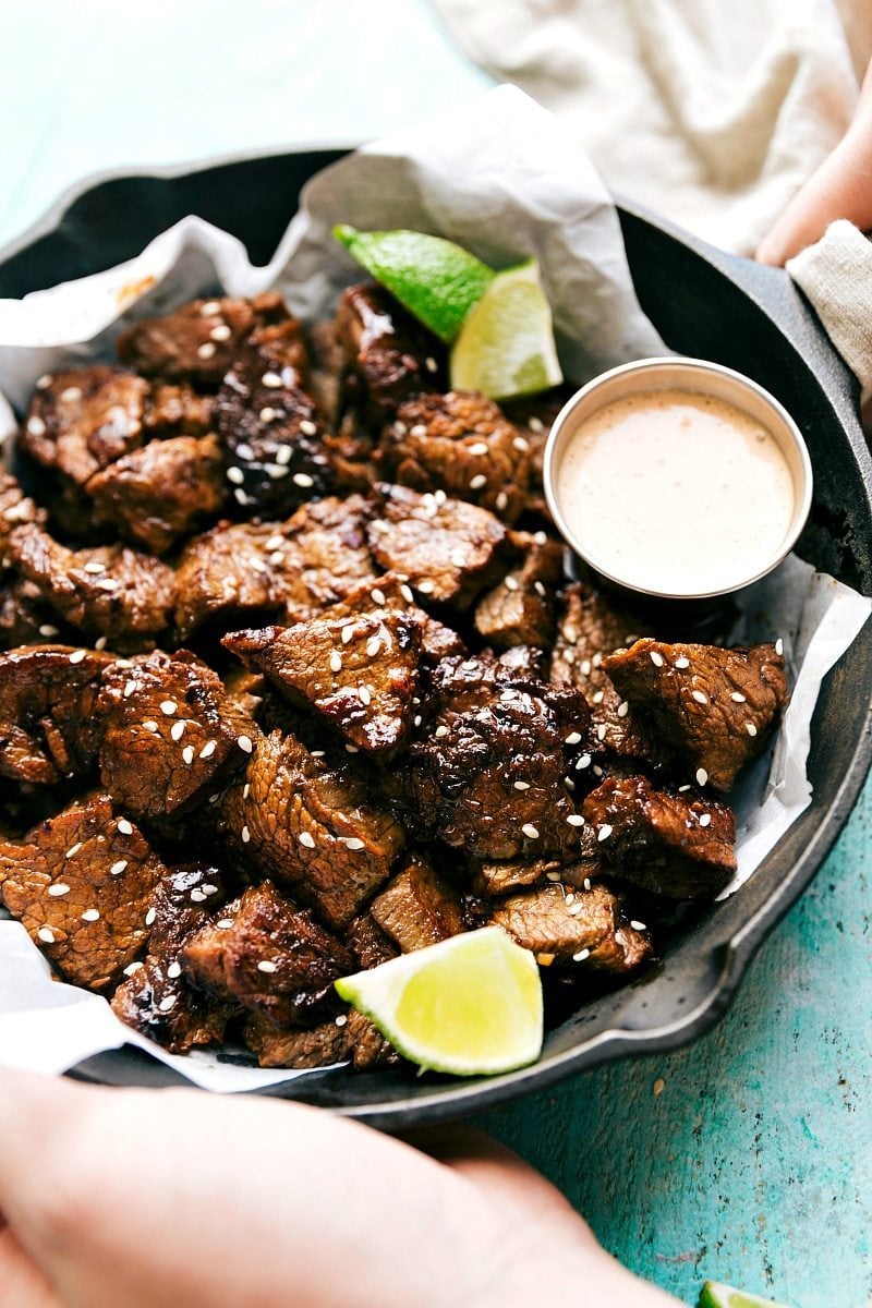 30-Minute Asian Steak Bites Easy asian steak bites with a dipping sauce on the side.