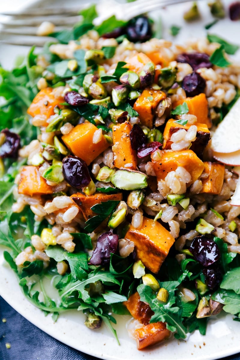 Delicious Sweet potatoes and farro combine to make a super-flavorful salad!ย Recipe via chelseasmessyapron #thanksgiving #sidedish #thanksgivingside #vegetarian #sweetpotato #farro #salad Close-up view of Sweet Potato-Farro Salad