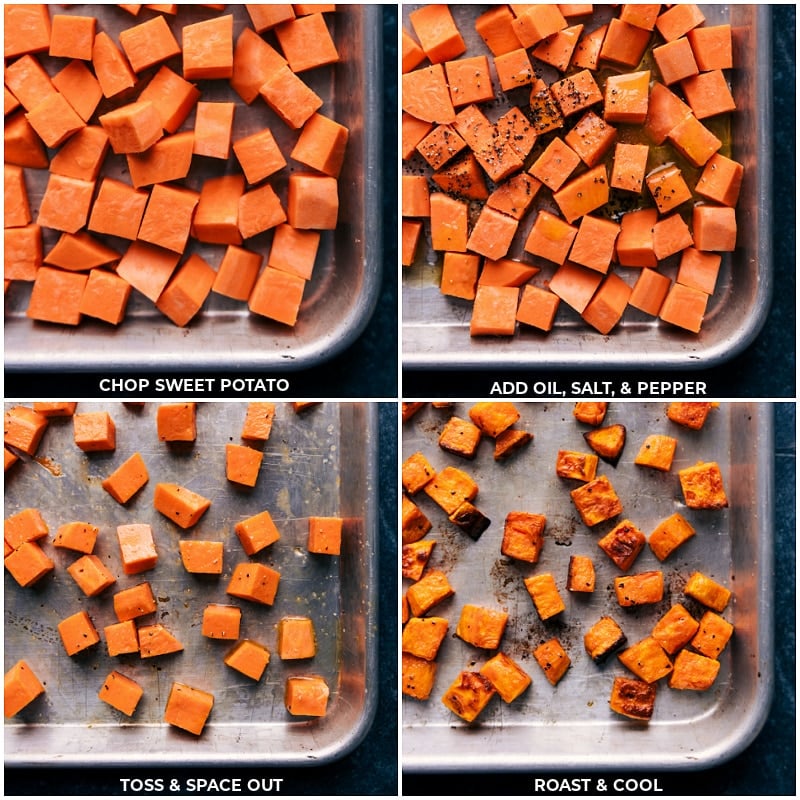 Sweet potatoes and farro combine to make a super-flavorful salad!ย Recipe via chelseasmessyapron #thanksgiving #sidedish #thanksgivingside #vegetarian #sweetpotato #farro #salad Process shots: chop sweet potato and toss with oil, salt and pepper; roast until tender and browned.