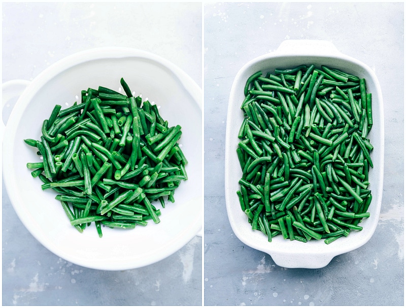 Adding Fresh Green Beans to the Casserole Dish Fresh green beans being added to the casserole dish for the green bean casserole recipe.