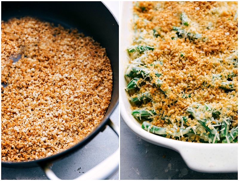 Toasting and Adding Panko Bread Crumbs to the Top of Green Bean Casserole Ingredients Panko bread crumbs being toasted and sprinkled on top of the other ingredients.