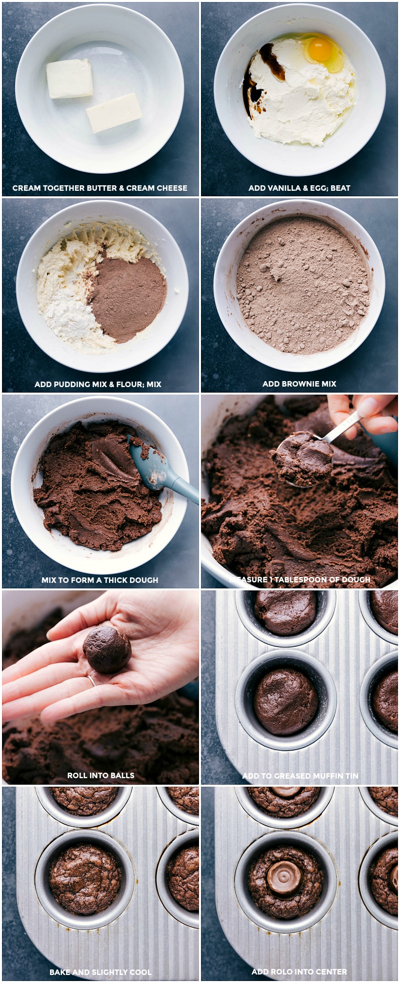 Making Mini Brownie Bites with Rolos - Baking Process Creaming butter and cream cheese, adding vanilla and egg, adding pudding mix and flour, mixing to form a stiff dough, rolling into balls, placing in tin, baking, cooling slightly, and adding candies to the tops.