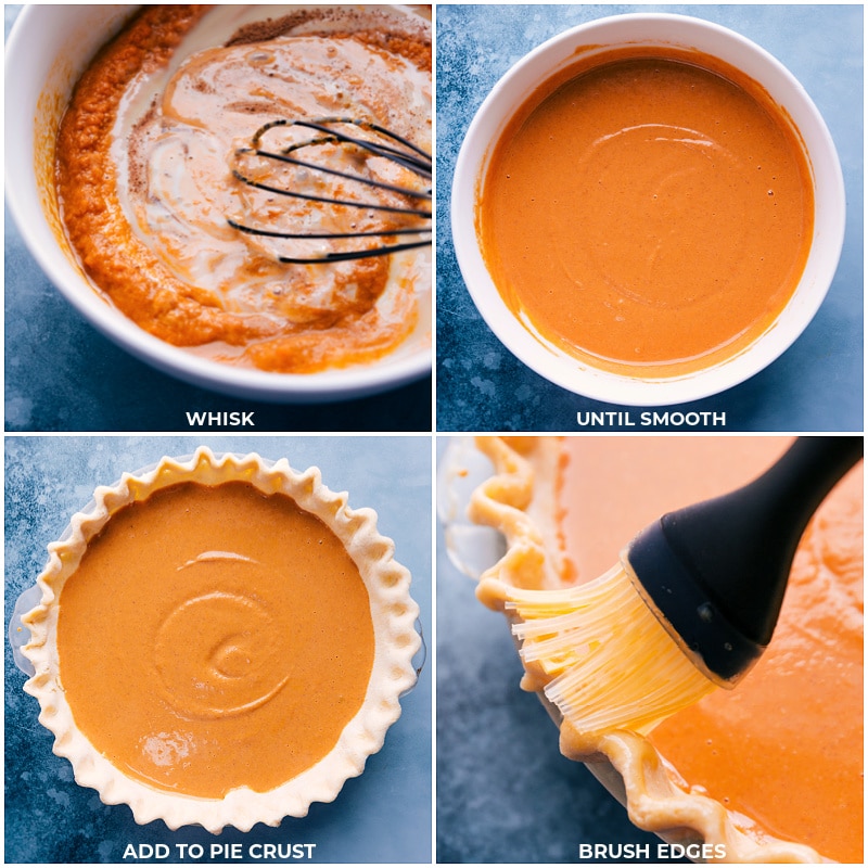 Add Pie Filling To Crust To Bake Whisking together the filling ingredients, pouring them into the crust, and brushing the crust with an egg wash.