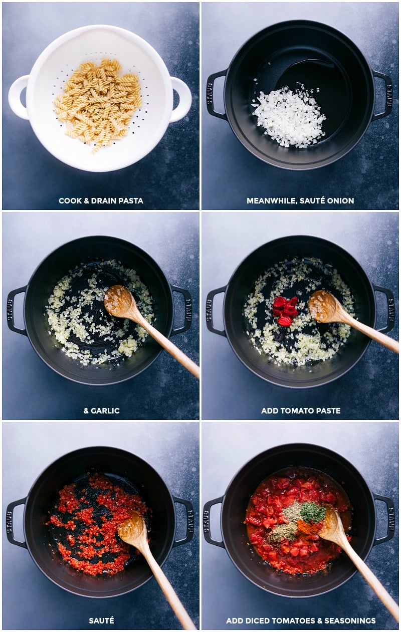 This quick and easy Chicken Parmesan Soup can be on the table in about 20 minutes! Recipe via ChelseasMessyApron #recipe #healthy #easy #comfort #quick #simple #best #chicken #parmesan #soup Collage showing the steps to preparing Chicken Parmesan Soup.
