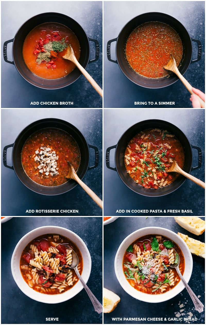 Chicken Parmesan Soup can be on the table in about 20 minutes! It's packed with flavor, good-for-you ingredients, and all the best flavors from chicken Parm! Recipe via ChelseasMessyApron #recipe #healthy #easy #comfort #quick #simple #best #chicken #parmesan #soup Collage showing the final steps to prepare Chicken Parmesan Soup.