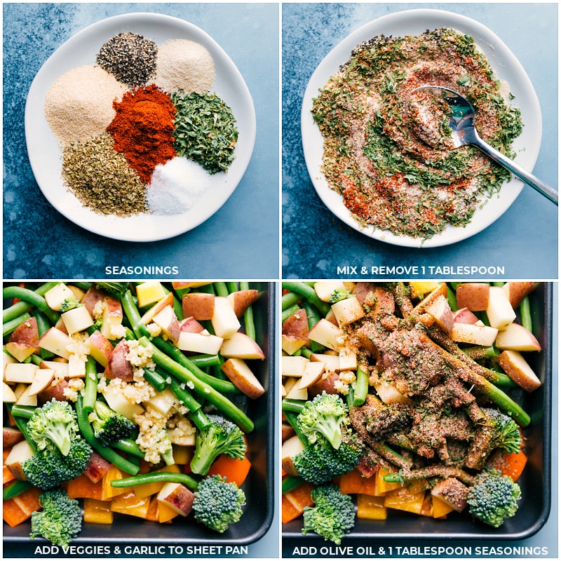 Roasting Vegetables For Baked Parmesan Chicken Tenders The seasoning is mixed and spread over the veggies for this Baked Parmesan Chicken Tenders recipe.