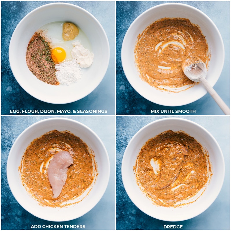 How To Make Baked Parmesan Chicken Tenders The batter to coat the meat being made and then the chicken being dipped in it.