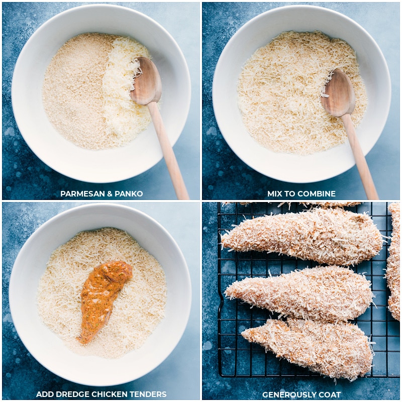 Parmesan and panko being mixed together and the chicken being dredged in it and placed on a cooling rack to bake in the oven for this baked parmesan chicken tenders recipe.