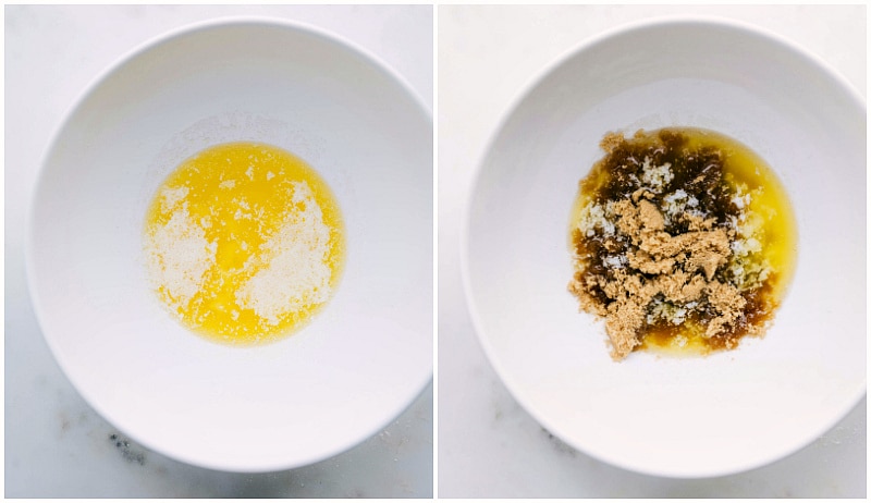 Our Favorite White Chocolate Macadamia Nut Cookies Butter and sugars being combined in a bowl.