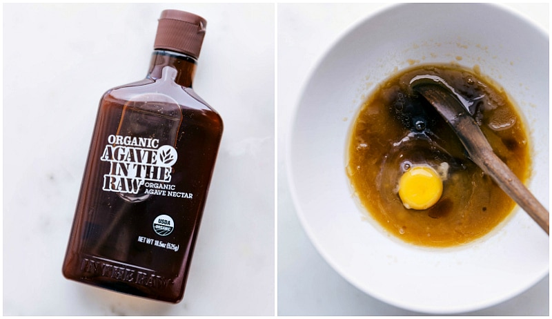 Delicious White Chocolate Macadamia Nut Cookies Agave bottle used in this recipe and it being added to the mixture in the bowl for the best White Chocolate Macadamia Nut Cookies.