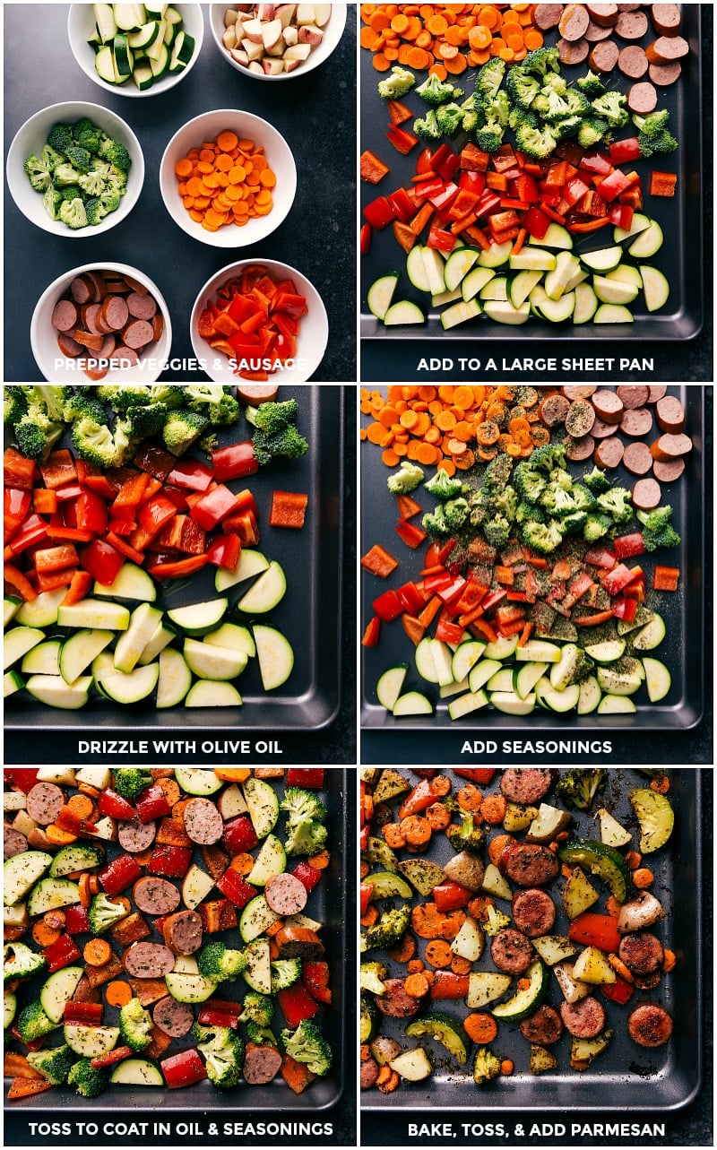 Prepped Veggies on Sheet Pan with Seasonings and Parmesan All the prepped veggies on a sheet pan, drizzled with olive oil and seasoned, mixed until well coated, and then baked to perfection, with a generous sprinkling of parmesan cheese added for extra flavor.