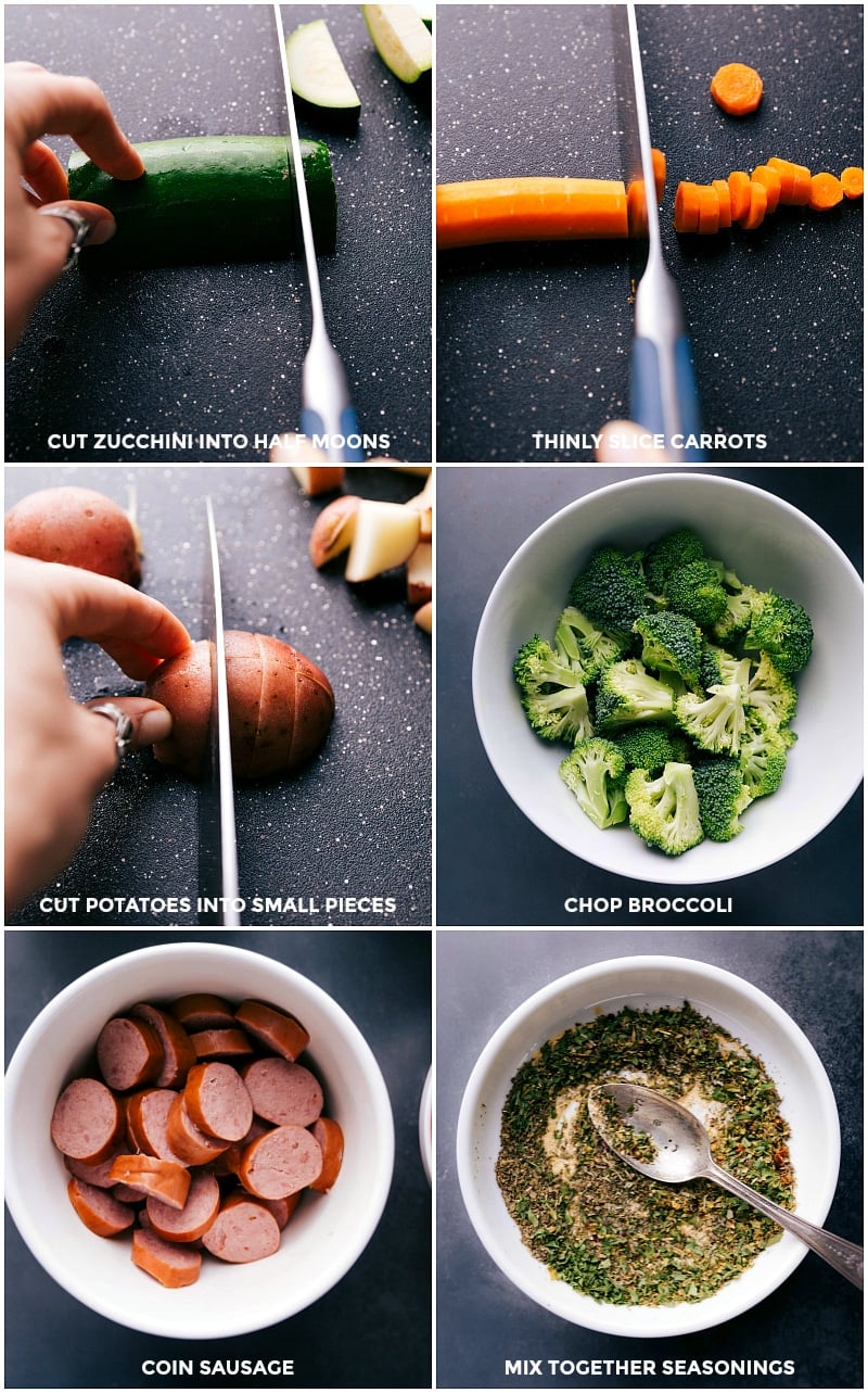 Preparation for One-Pan Italian Sausage and Veggies Vegetables including zucchini, potatoes, carrots, broccoli, and sliced sausage, alongside a bowl of mixed seasonings, all set for preparing the one-pan Italian sausage and veggies dish.