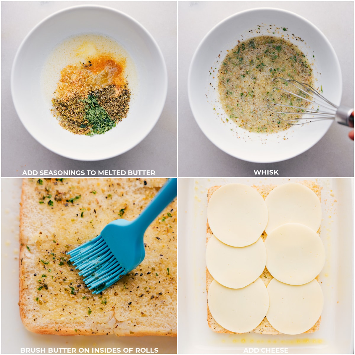 Our Favorite Italian Sliders The butter being combined with seasonings and brushed over the rolls, then Provolone being added on top for these Italian Sliders.