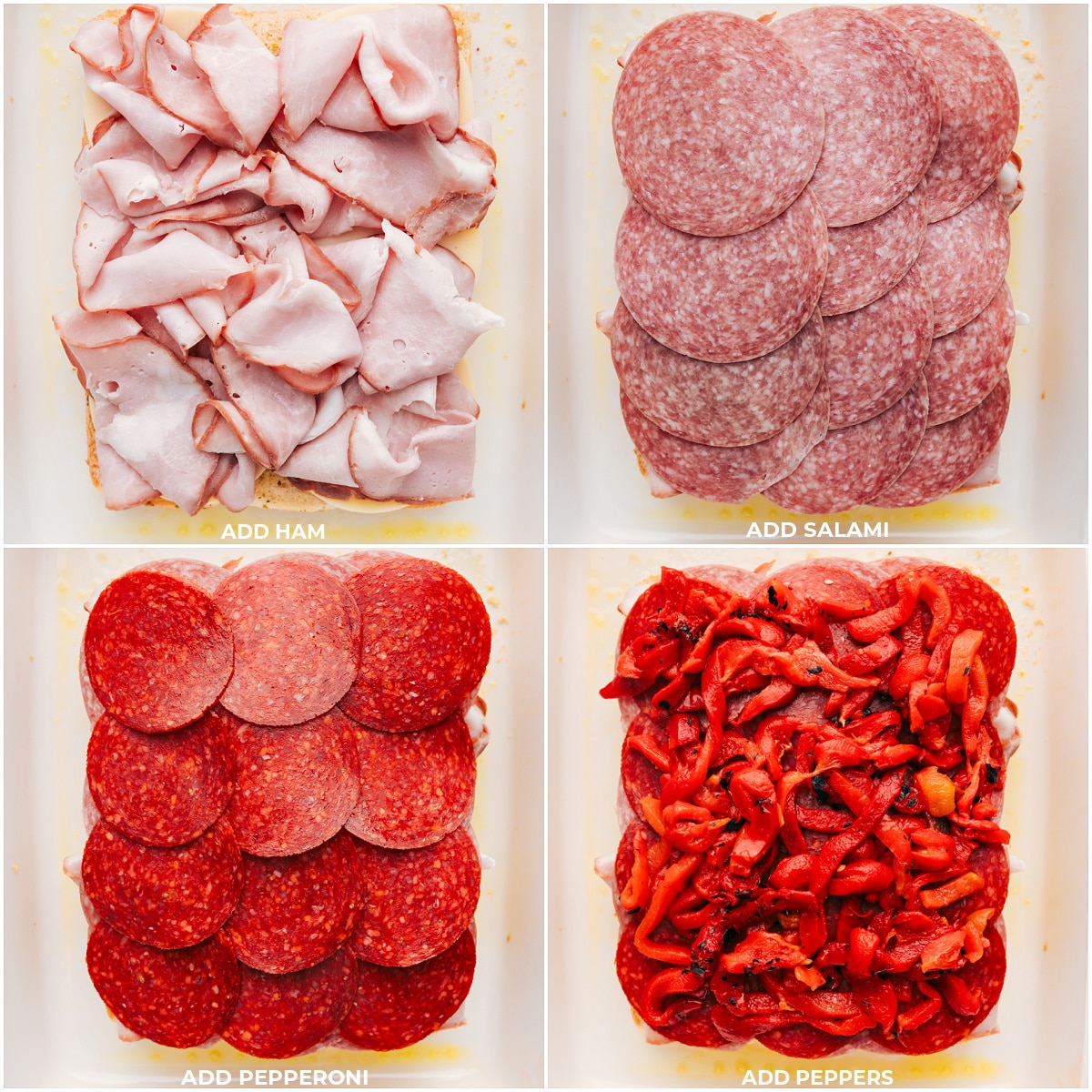 Italian Sliders Are The Best Ham, salami, pepperoni, and peppers being added to the rolls.