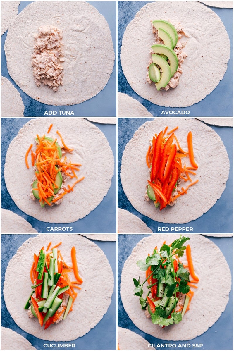 The best ever Tuna Salad Wrap with creamy-Sriracha tuna and lots of crunchy veggies all wrapped in a tortilla makes a filling, protein-packed meal that whips together in a jiffy! Recipe via ChelseasMessyApron.com #tunawrap #tuna #veggies #wrap #healthy #lunch Process shots: add tuna to the tortilla; add avocado, carrots, pepper, cucumber, cilantro, salt and pepper.