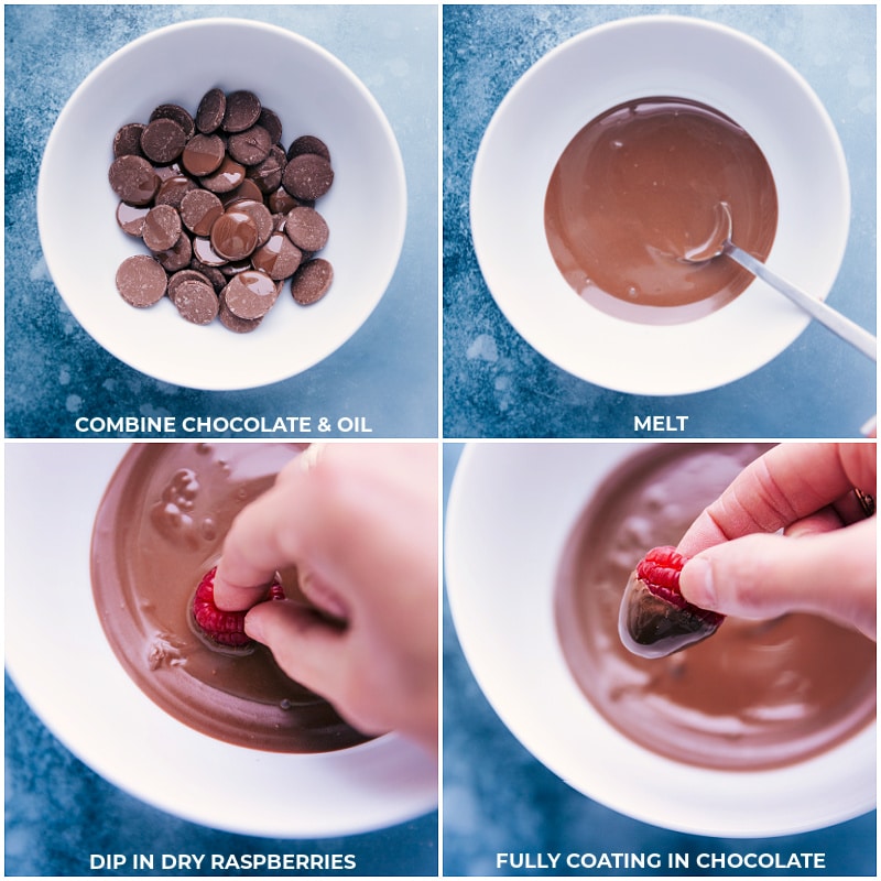 Chocolate-Covered Raspberries! These pop-able treats are rich and chocolatey with a bright and sweet raspberry center. Recipe via ChelseasMessyApron #dessert #best #quick #easy #simple #treat #valentines #cheesecake #stuffed #raspberries Process shots of the Chocolate-Covered Raspberries-- images of the chocolate being melted and the raspberries being dipped in it