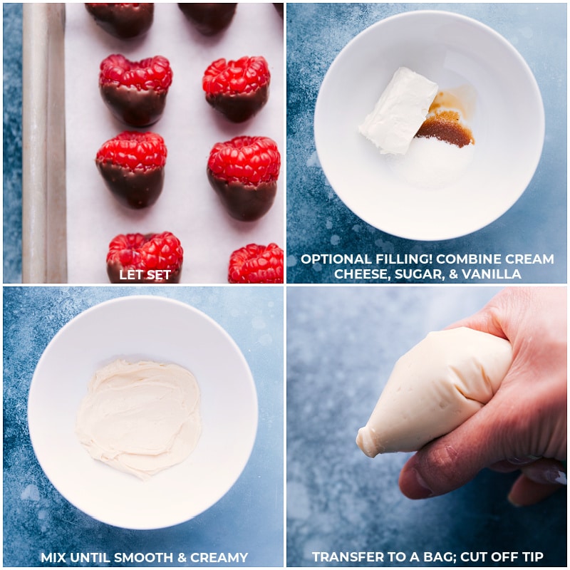 Chocolate-Covered Raspberries are so fancy looking, but couldnโt be simpler to make! These pop-able treats are rich and chocolatey! Recipe via ChelseasMessyApron #dessert #best #quick #easy #simple #treat #valentines #cheesecake #stuffed #raspberries Process shots-- images of the cheesecake filling being made and added into the raspberries