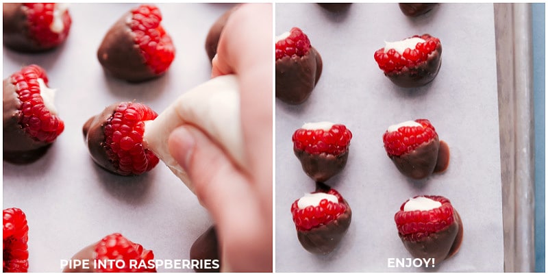 The best Chocolate-Covered Raspberries are so fancy looking, but couldnโt be simpler to make! These pop-able treats are rich and chocolatey with a bright and sweet raspberry center. Recipe via ChelseasMessyApron #dessert #best #quick #easy #simple #treat #valentines #cheesecake #stuffed #raspberries Process shots of the Chocolate-Covered Raspberries-- images of the the cheesecake being piped into the center