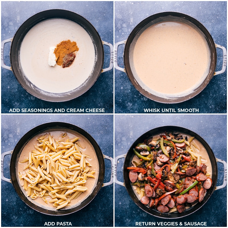 Simple And Delicious Weeknight Dinner: Cajun Sausage Pasta Season and add cream cheese; whisk to smooth; add pasta and return veggies and sausage to the pan.