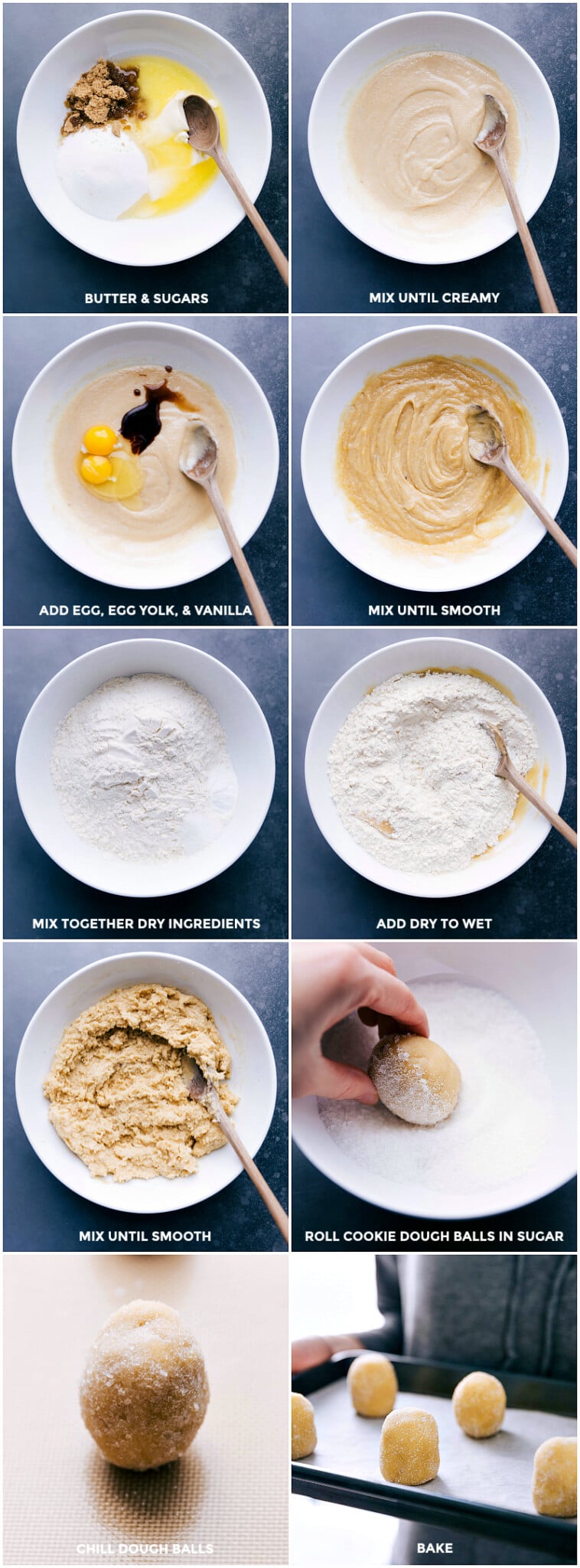 Cookie Dough Preparation: Mixing, Rolling, and Baking Mix butter and sugars, then add the egg, yolk, and vanilla, stirring until smooth. Mix dry ingredients, add to wet, and stir until combined. Roll dough balls in sugar, chill, and bake.