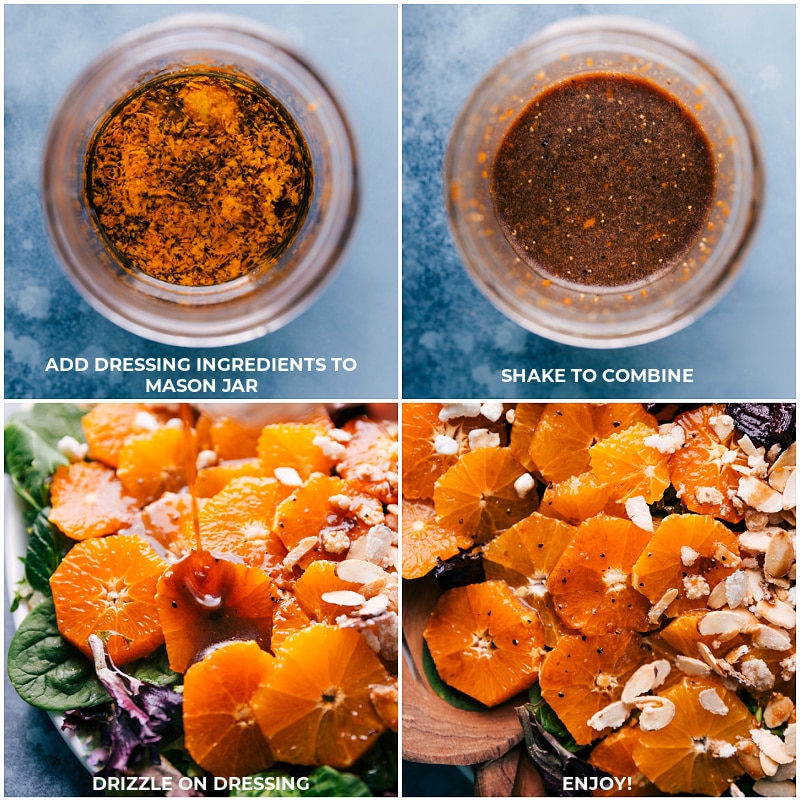 Here's our favorite Beet Salad, complete with perfectly caramelized roasted beets, fresh citrus, creamy goat cheese, and sweet, candied almonds. Recipe via chelseasmessyapron #dinner #side #best #quick #vegetarian #oranges #sliveredalmonds #goatcheese #healthy #beet #salad Process shots: dressing for Beet Salad