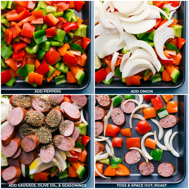 One-Pan Jambalaya is an easy 30-minute meal of oven-roasted & seasoned sausage, shrimp, veggies, and rice. Everything gets cooked together on one sheet pan! Recipe via ChelseasMessyApron #dinner #quick #easy #simple #best #veggies #shrimp #sausage #rice #onepan #jambalaya Process shots: adding peppers, onions, seasonings and oil; toss and roast.