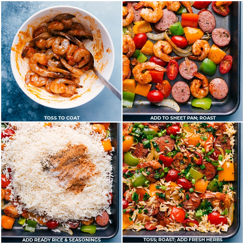 One-Pan Jambalaya is an easy, nutritious, 30-minute meal! Everything gets cooked together on one sheet pan! Recipe via ChelseasMessyApron #dinner #quick #easy #simple #best #veggies #shrimp #sausage #rice #onepan #jambalaya Process shots: mix shrimp with sauce; add to the sheet pan; add rice and more seasonings; finish roasting and add fresh herbs.
