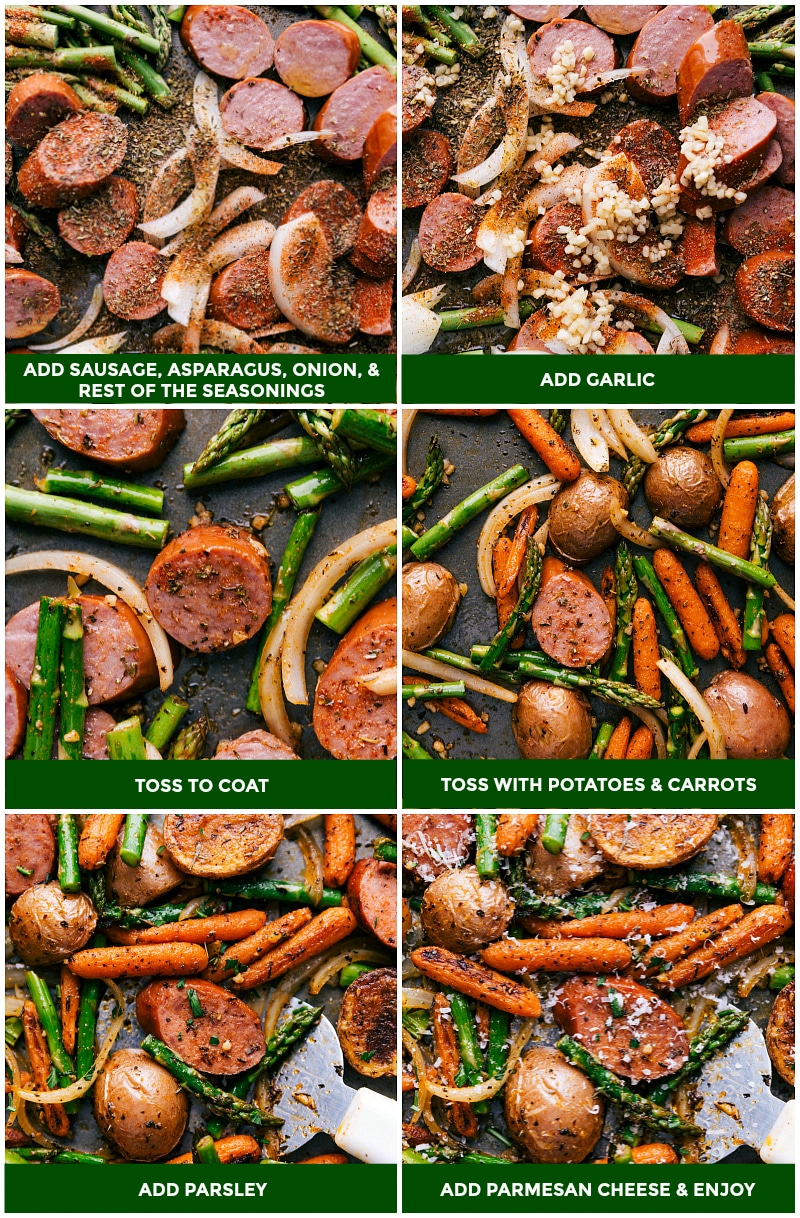 Roasting Sausage, Asparagus, Onion, and Garlic with Seasonings Sausage, asparagus, onion, and garlic added to the seasoned veggies already in the pan, tossed to coat and roasted until done, then garnished with parsley and parmesan cheese before serving.